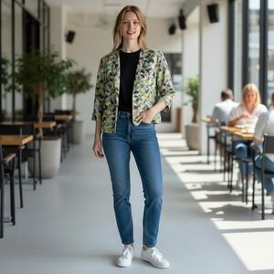 Peck‎ & Peck Petite 100% Silk Abstract Brushstroke Blazer Jacket Green Blue PS